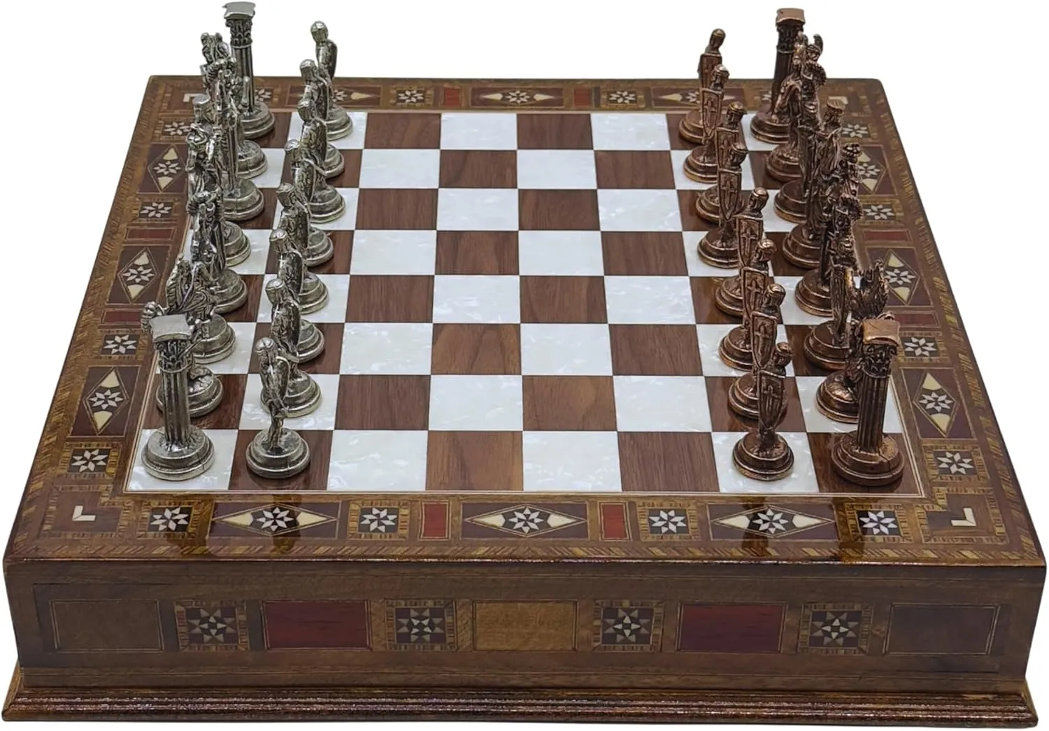 15’’ Handmade Chess Set with British Army Metal Chess Pieces, Luxury Storage Chess Board, for All Ages, Ideal for Father, (Walnut)