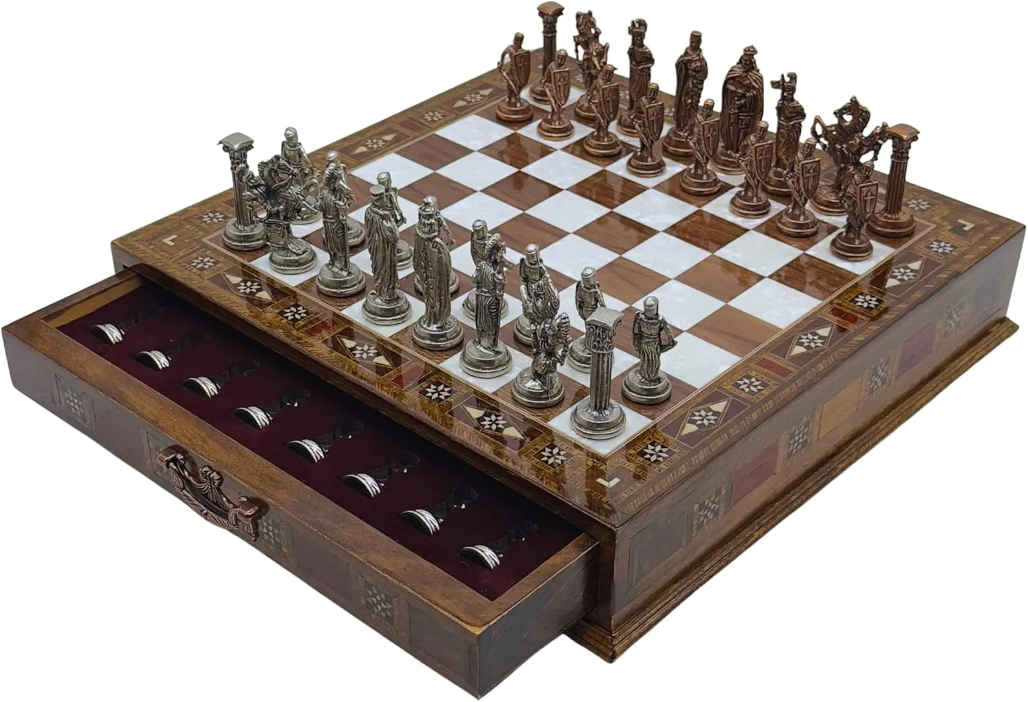 15’’ Handmade Chess Set with British Army Metal Chess Pieces, Luxury Storage Chess Board, for All Ages, Ideal for Father, (Walnut)