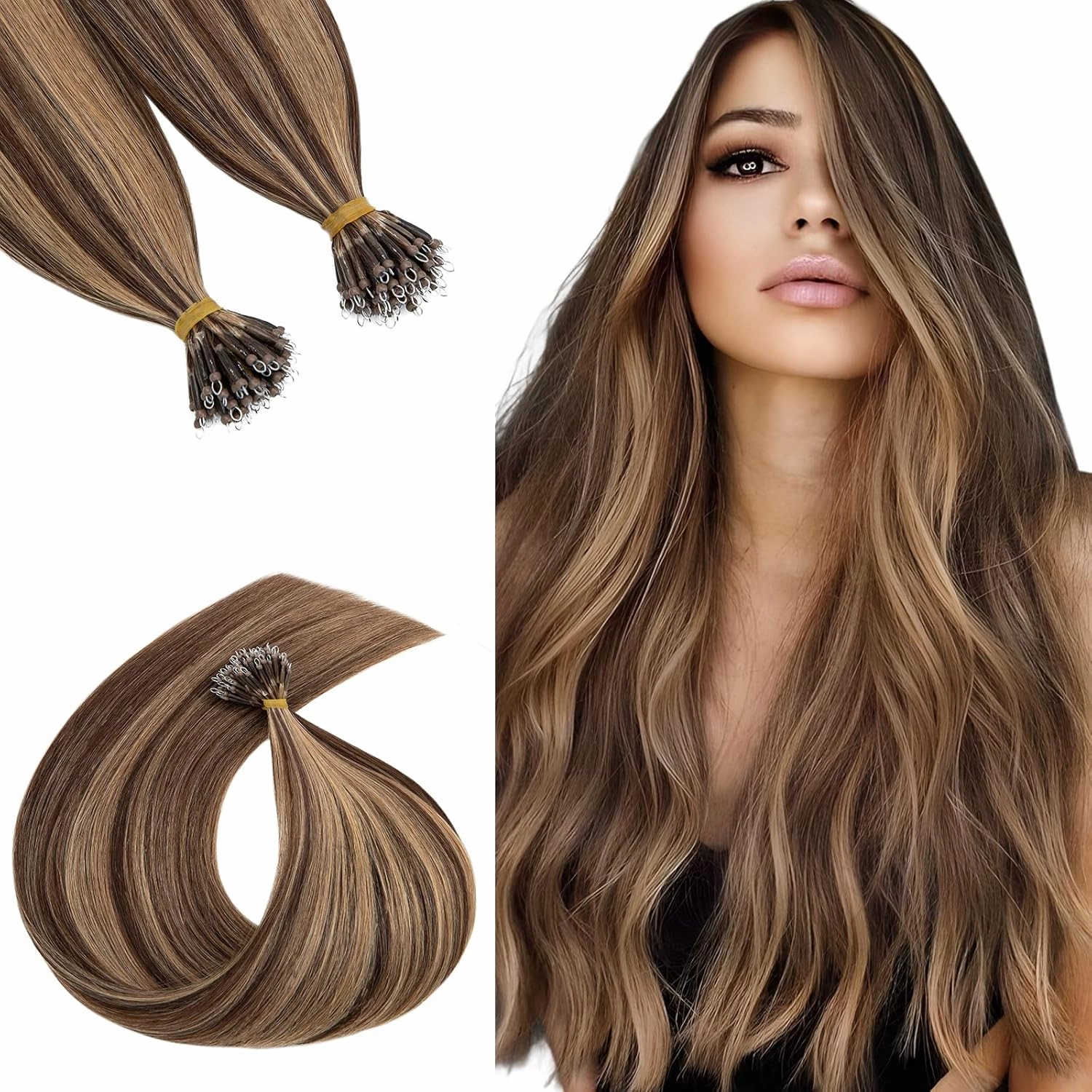 16 Inch Nano Bead Hair Extensions Human Hair, Nano Ring Hair Extension 100% Real Human Hair, Natural Can be Washed Curled Dyed Permed, 50 Strands 50g #4P27 Medium Brown & Dark Blonde