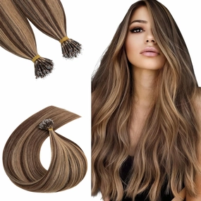 16 Inch Nano Bead Hair Extensions Human Hair, Nano Ring Hair Extension 100% Real Human Hair, Natural Can be Washed Curled Dyed Permed, 50 Strands 50g #4P27 Medium Brown & Dark Blonde