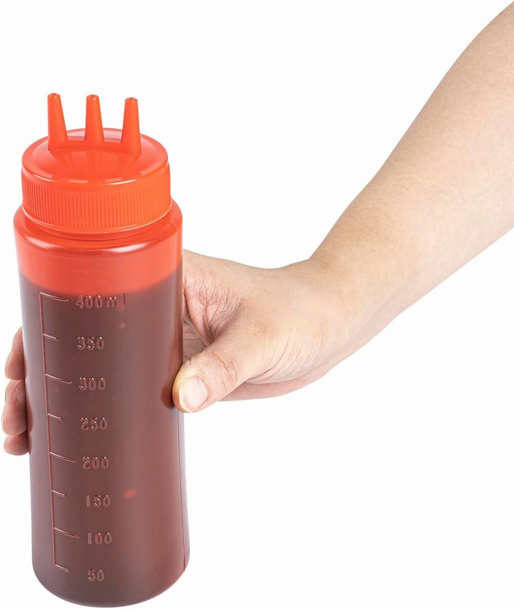 16 Ounce Condiment Squeeze Bottles, 6 Squeeze Bottles With Triple Dispersion Tips - Medium, Flexible, Red Plastic Ketchup Bottles, For Dispensing Sauces Or Oils - Restaurantware