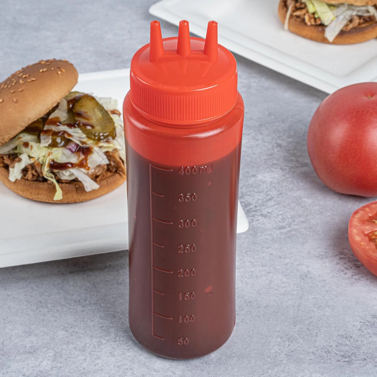 16 Ounce Condiment Squeeze Bottles, 6 Squeeze Bottles With Triple Dispersion Tips - Medium, Flexible, Red Plastic Ketchup Bottles, For Dispensing Sauces Or Oils - Restaurantware
