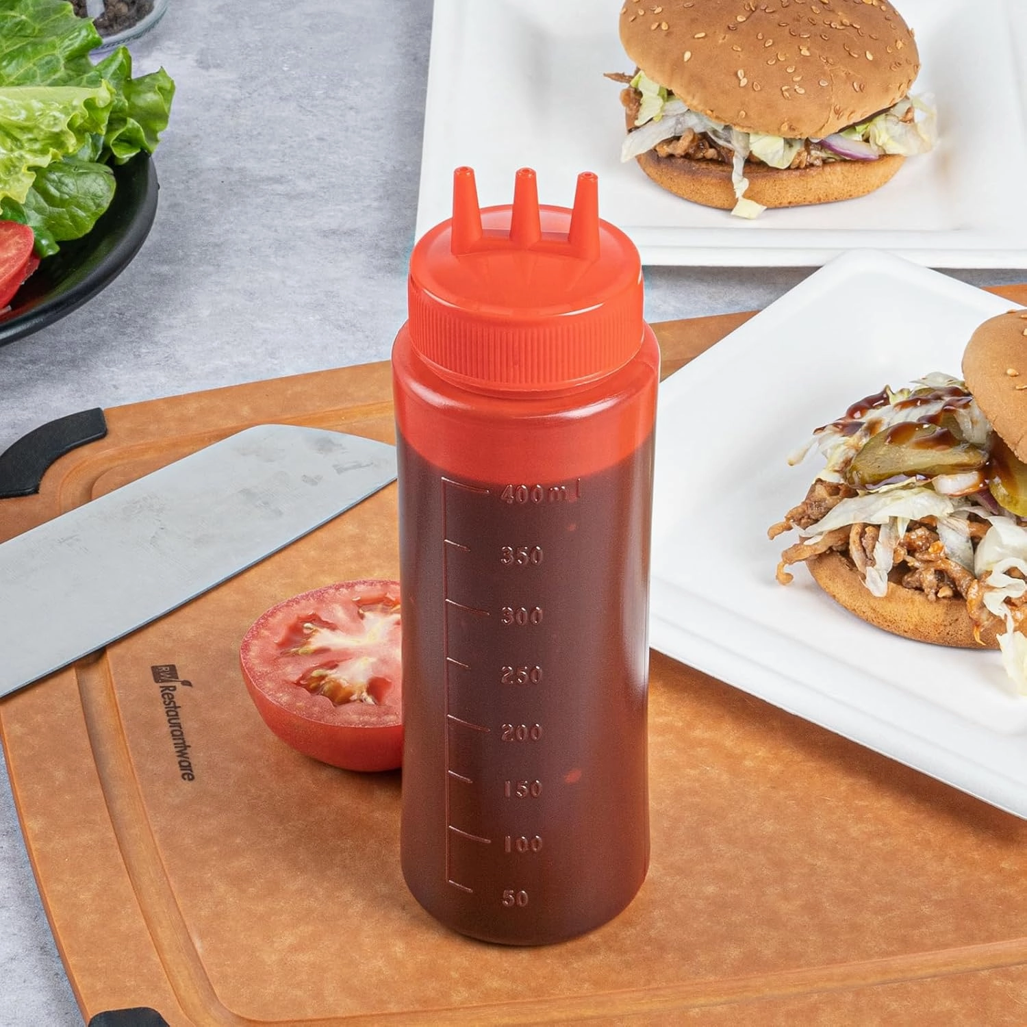 16 Ounce Condiment Squeeze Bottles, 6 Squeeze Bottles With Triple Dispersion Tips - Medium, Flexible, Red Plastic Ketchup Bottles, For Dispensing Sauces Or Oils - Restaurantware