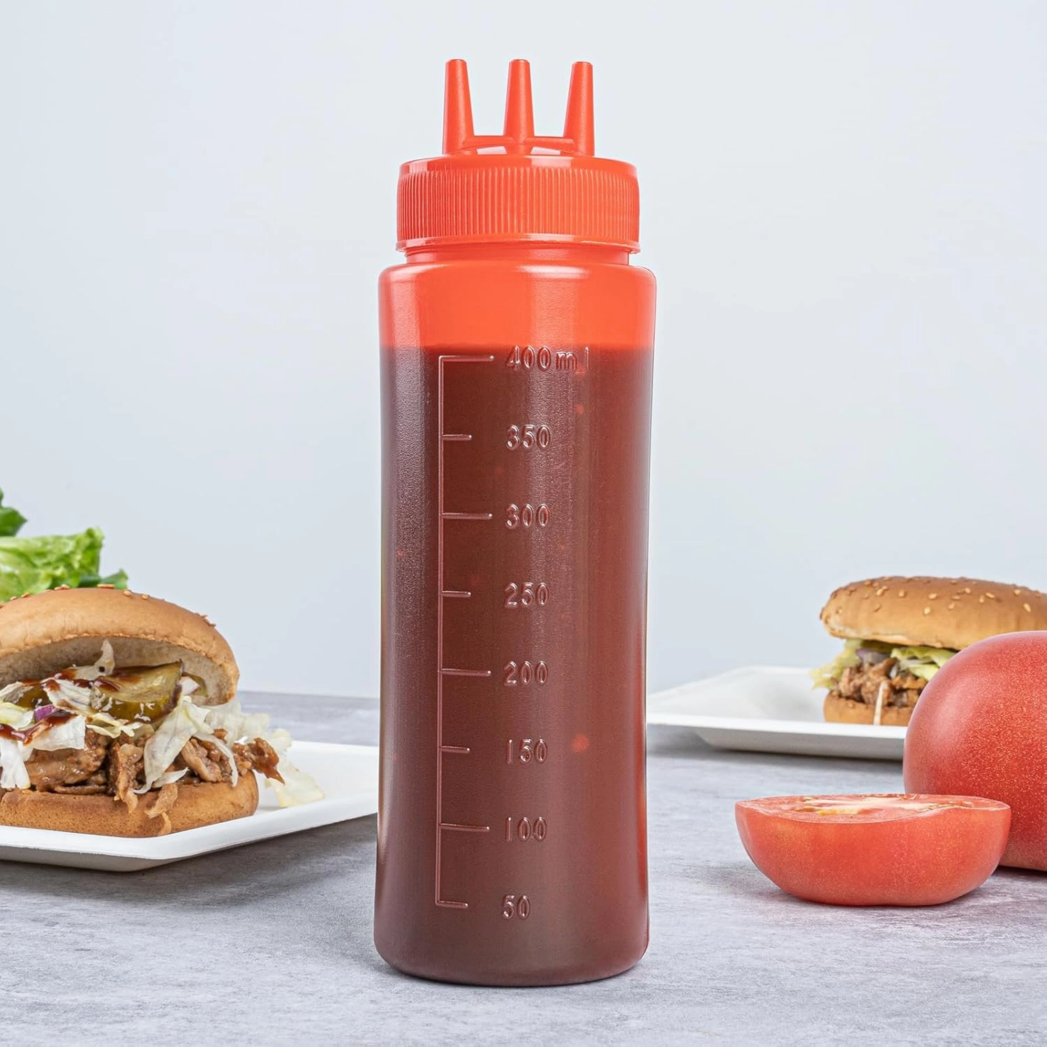 16 Ounce Condiment Squeeze Bottles, 6 Squeeze Bottles With Triple Dispersion Tips - Medium, Flexible, Red Plastic Ketchup Bottles, For Dispensing Sauces Or Oils - Restaurantware