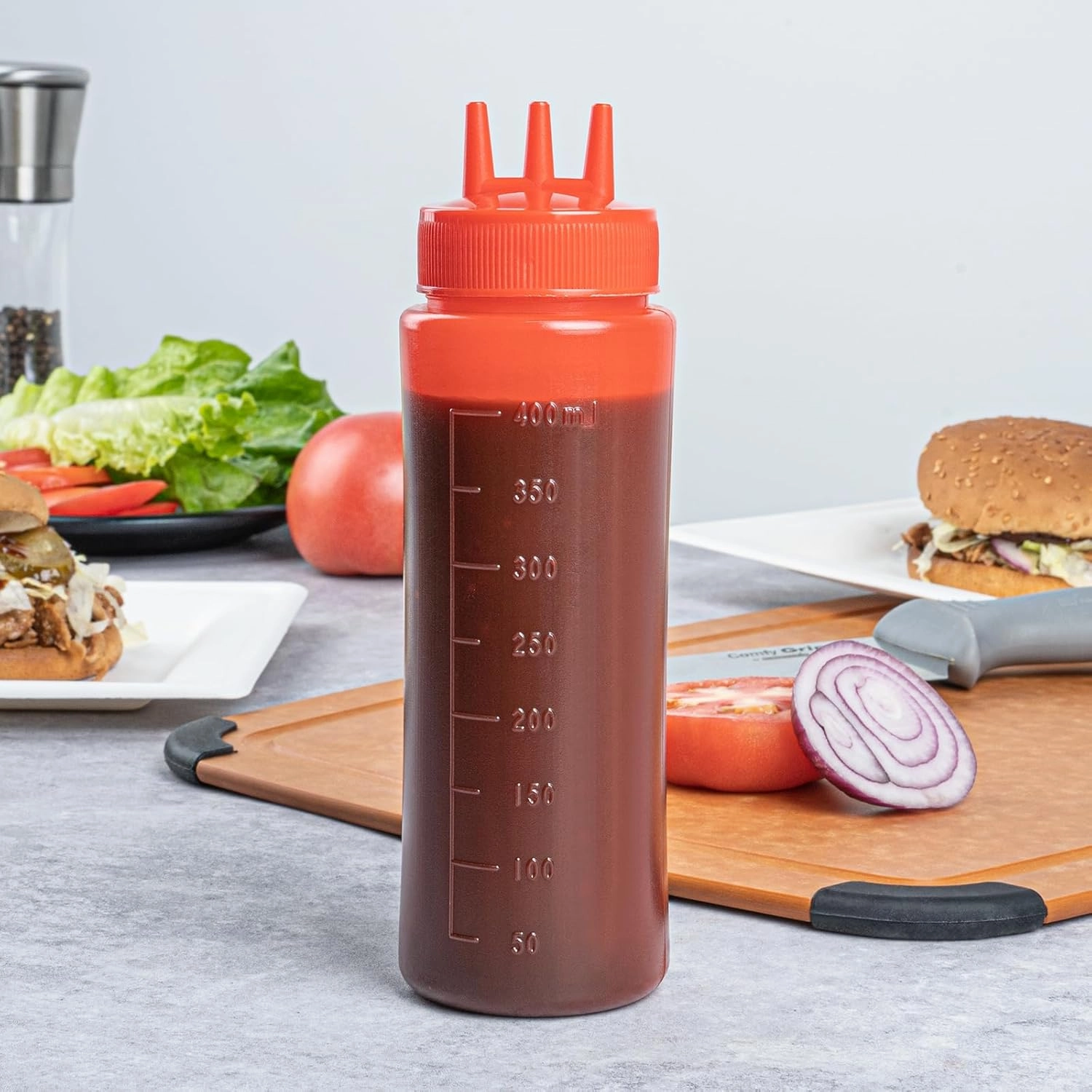 16 Ounce Condiment Squeeze Bottles, 6 Squeeze Bottles With Triple Dispersion Tips - Medium, Flexible, Red Plastic Ketchup Bottles, For Dispensing Sauces Or Oils - Restaurantware