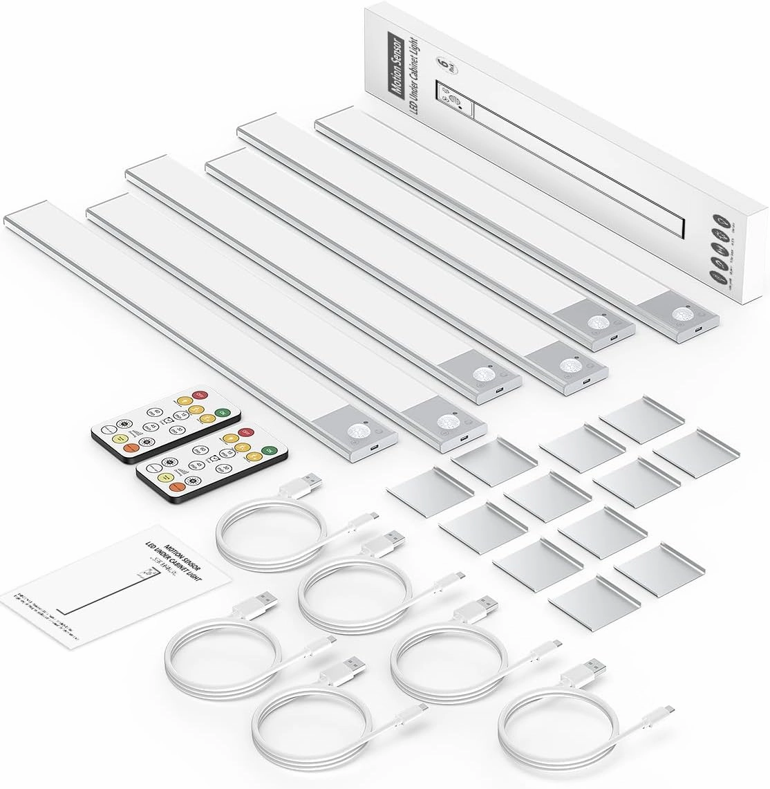 16" Ultra-Thin Under Cabinet Lighting Wireless, Aluminum Alloy Under Counter Lights for Kitchen, 3-Color-Temps Magnetic Closet Lights, Rechargeable Motion Sensor Light Indoor (6Pack, Silver)