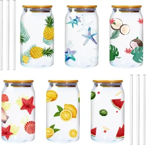 16oz Summer Iced Coffee Cup with Bamboo Lids and Straws, Can Shaped Glass Cups, Beer Can Glass with Lids and Straw, Drinking Glasses, Lemon Coconut Watermelon Starfish Coffee Cups, 6PCS