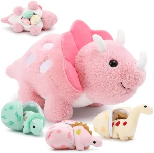 17.6in Pink Dinosaur Toys for Girls, Mommy Dinosaur Stuffed Animal with 3 Baby Dinosaur Plush(Triceratops, Stegosaurus and Diplodocus)