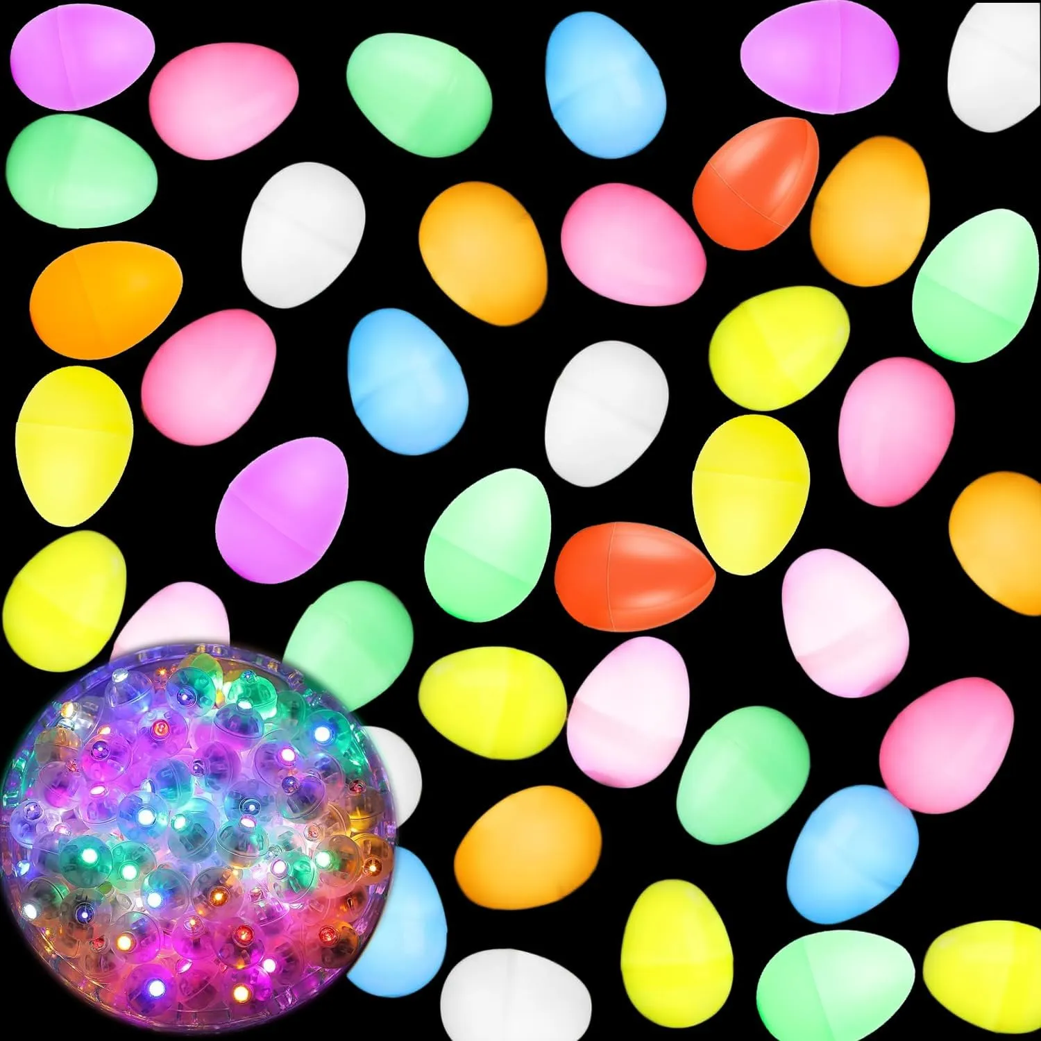 180 Pcs Glow Easter Eggs Set 80 Glow in The Dark Eggs with 100 led Round Balls Lights 2.5" Fillable Plastic Eggs for Student Children Easter Eggs Hunt, Basket Stuffers Fillers, Game