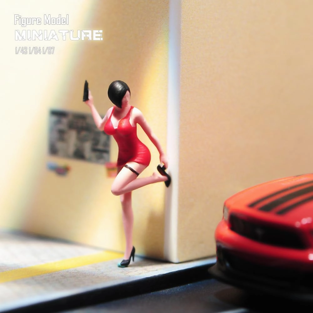 1/87 1/64 1/43 1/24 Scale Miniature Action Figure Doll Model Red skirt Ada Wong Resin Figurine Model Creative Scene Dolls Props for Car Toys (Painted, 1:87 Scale)