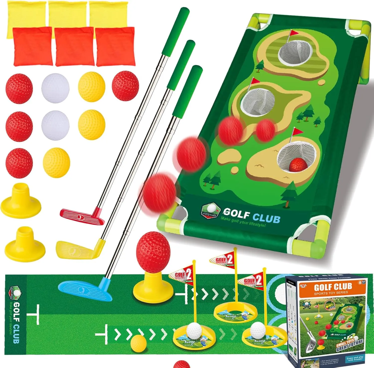 2-in-1 Kids Golf Club Set and Bean Bag Toss Game, Toddler Golf Set - Mini Golf and Corn Hole Game for Kids Outdoor Toys- Ideal Gift for 2,3,4,5,6 Year Old Boys and Girls