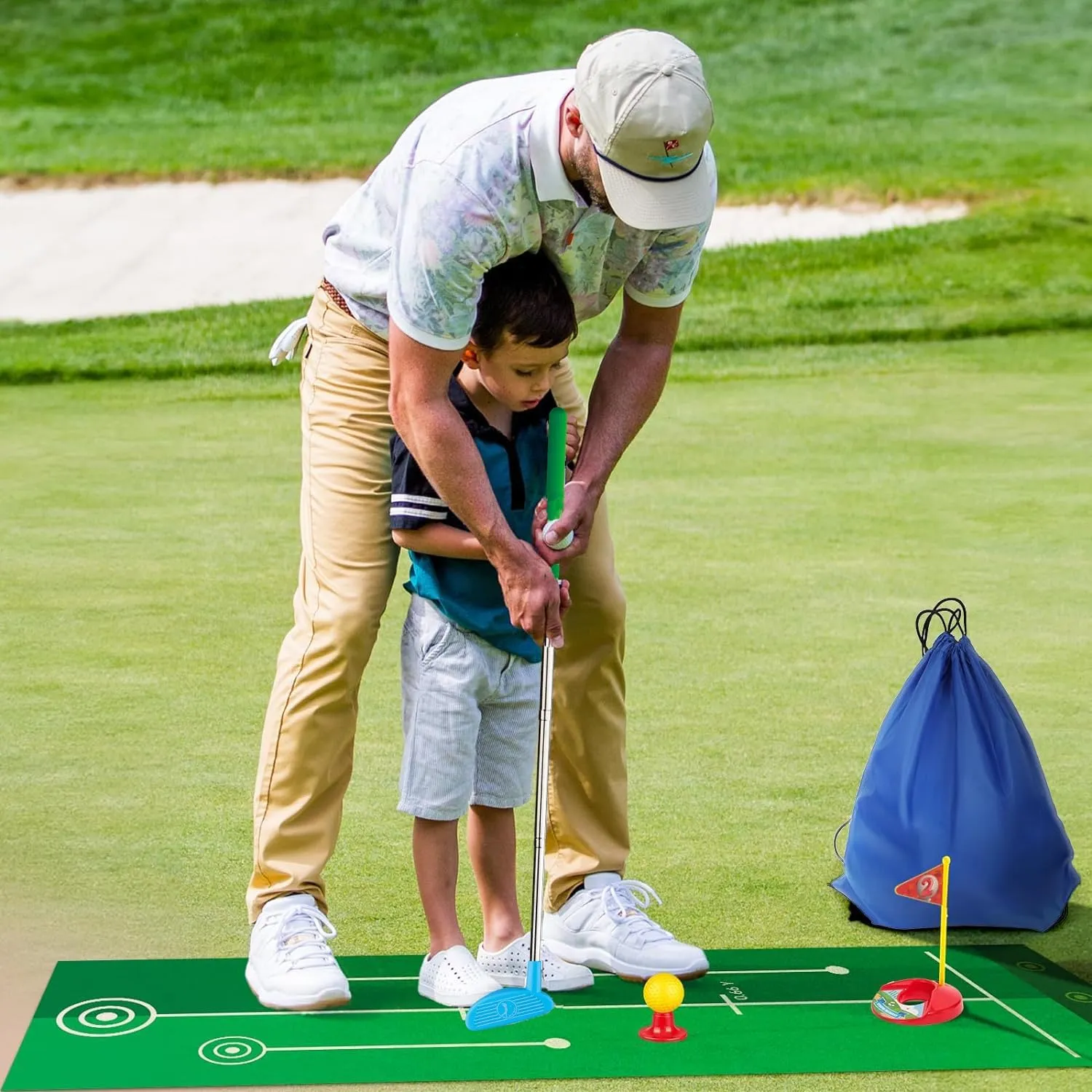 2-in-1 Kids Golf Club Set and Bean Bag Toss Game, Toddler Golf Set - Mini Golf and Corn Hole Game for Kids Outdoor Toys- Ideal Gift for 2,3,4,5,6 Year Old Boys and Girls