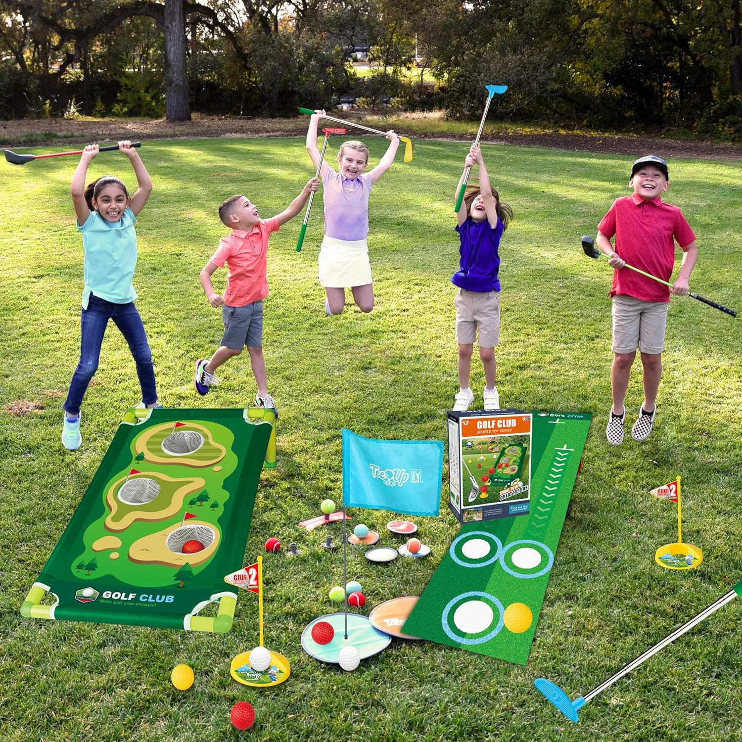 2-in-1 Kids Golf Club Set and Bean Bag Toss Game, Toddler Golf Set - Mini Golf and Corn Hole Game for Kids Outdoor Toys- Ideal Gift for 2,3,4,5,6 Year Old Boys and Girls