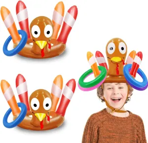 2 Pack Thanksgiving Ring Toss Games Toys for Kids Thanksgiving Inflatable Turkey Hats Toss Games Thanksgiving Family School Party Favors Decor Indoor Outdoor Party Game(2 Turkey Hats, 8 Rings)