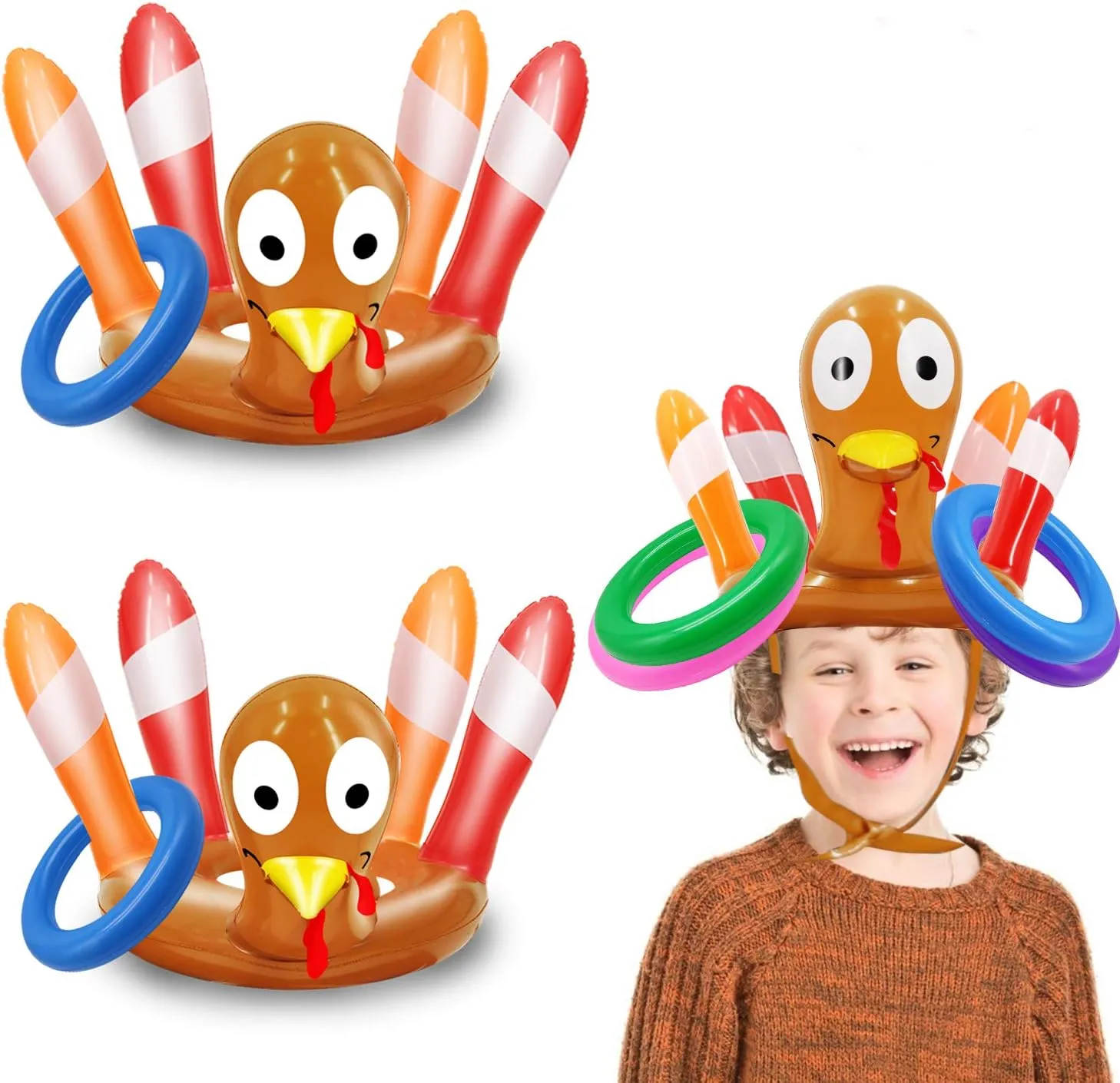 2 Pack Thanksgiving Ring Toss Games Toys for Kids Thanksgiving Inflatable Turkey Hats Toss Games Thanksgiving Family School Party Favors Decor Indoor Outdoor Party Game(2 Turkey Hats, 8 Rings)