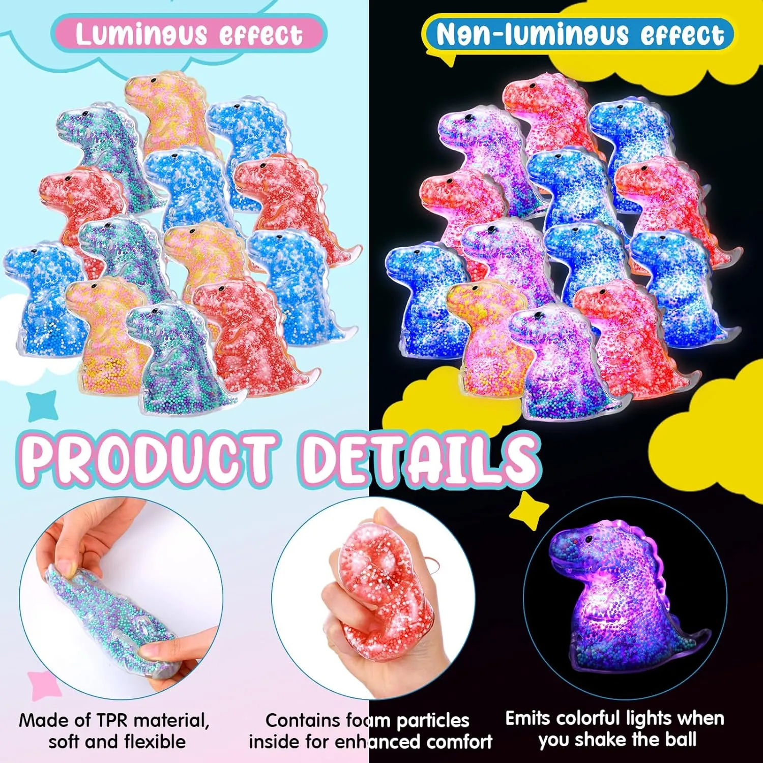 20 Pcs Light up Dinosaur Stress Ball Fidget Toy Dinosaur Sensory Anger Management Toys for Anxiety Relief Autism Exchange Birthday Party Favors