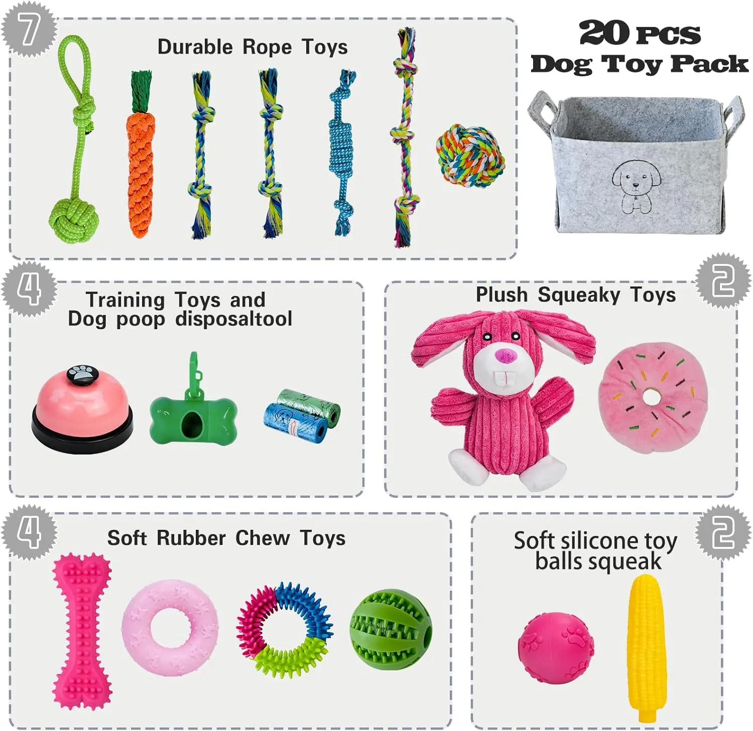 20Pcs Puppy Chew Toys for Teething, Dog Chew Rope Toys, Pet Dog Toothbrush, Treat Balls, Plush Squeaky Toy for Small Medium Dogs with Basket