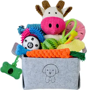 20Pcs Puppy Chew Toys for Teething, Dog Chew Toys with Rope Toys, Pet Dog Toothbrush, Treat Balls, Plush Toys and Squeaky Toys for Small Medium Dogs with Basket