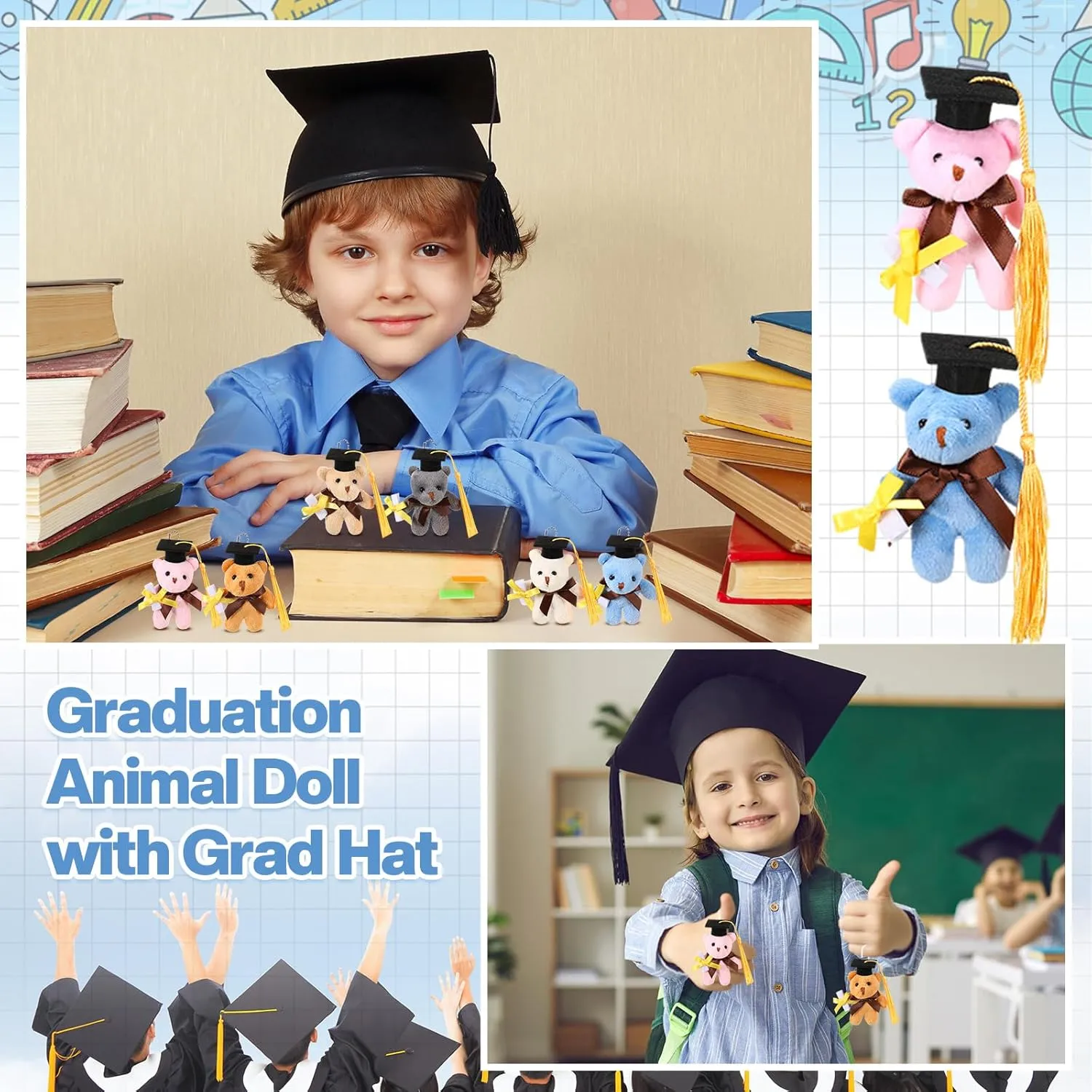 24 Pcs Mini Graduation Bear Bulk Class of 2025 Congrats Grad Stuffed Animal Bear with Cap Small Graduation Plush Keychain Gifts Tiny Doll Prek Kindergarten College High School Party Favors