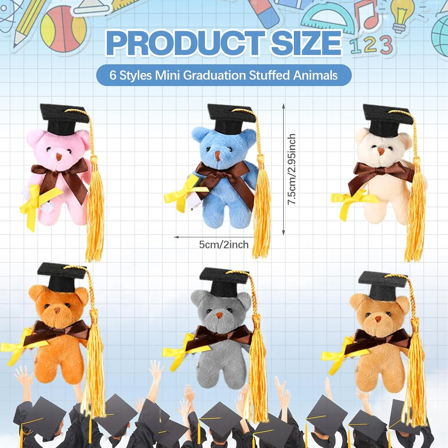 24 Pcs Mini Graduation Bear Bulk Class of 2025 Congrats Grad Stuffed Animal Bear with Cap Small Graduation Plush Keychain Gifts Tiny Doll Prek Kindergarten College High School Party Favors