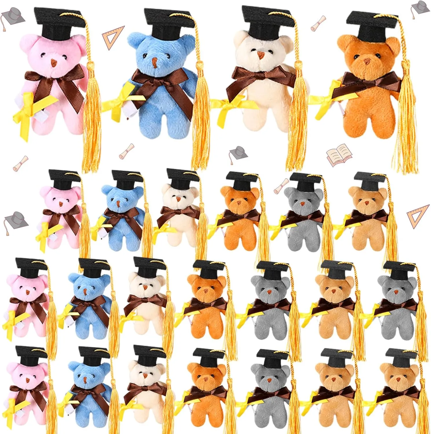 24 Pcs Mini Graduation Bear Bulk Class of 2025 Congrats Grad Stuffed Animal Bear with Cap Small Graduation Plush Keychain Gifts Tiny Doll Prek Kindergarten College High School Party Favors