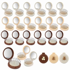 24 Pack Cute Bear Foldable Hair Brush with Mirror,Pocket-Sized Compact Mirror Comb,Mini Hair Brush Bulk,Portable Purse Brush for Travel (3 Colors)