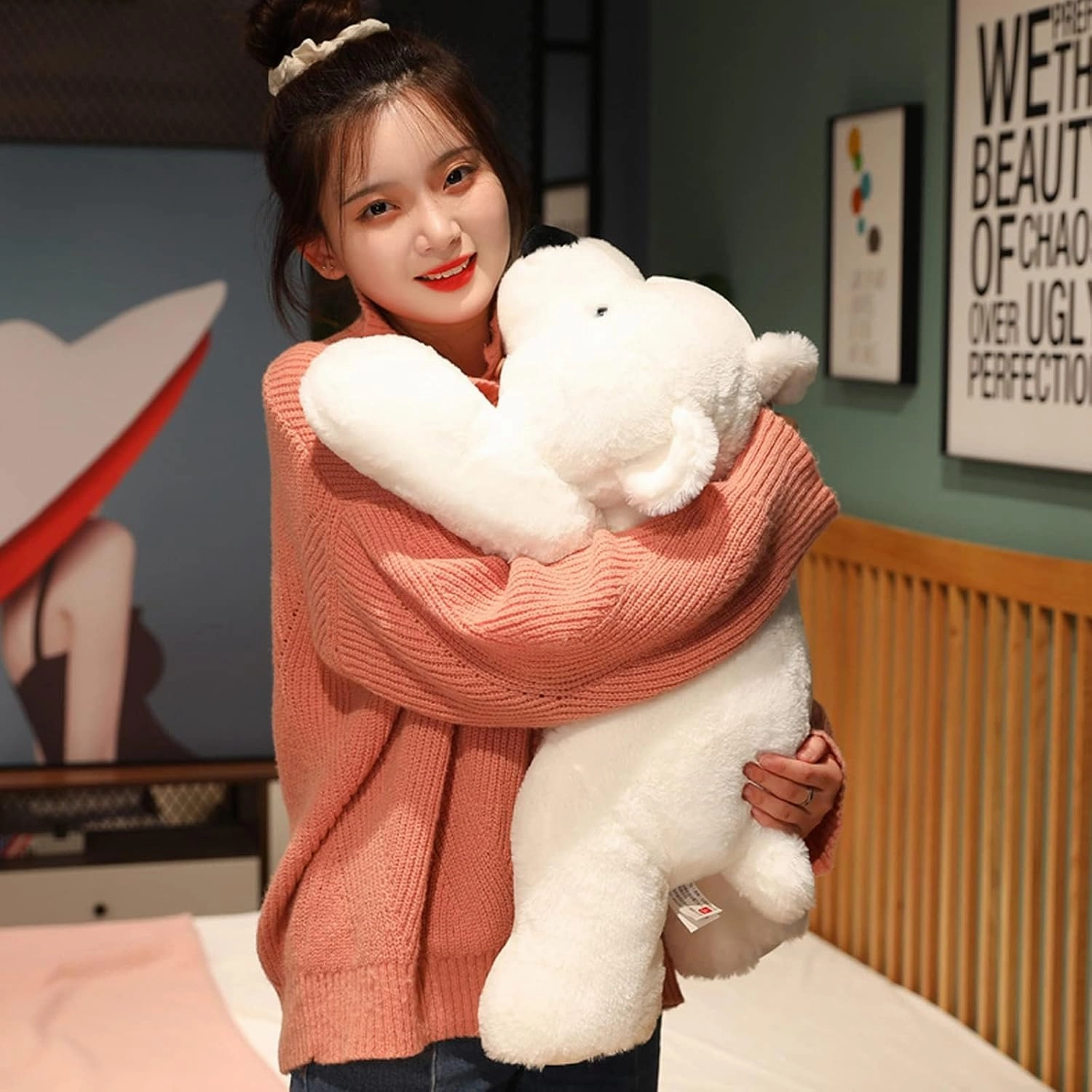 2 Lb Weighted Stuffed White Bear Animals - 16 Inches Bear Dog Dino Pig Plush Throw Pillow Toy - Embroidered Plushie Collectible - Kawaii Plushies Hugging Toy Gifts for Kids & Adults ( White Bear )