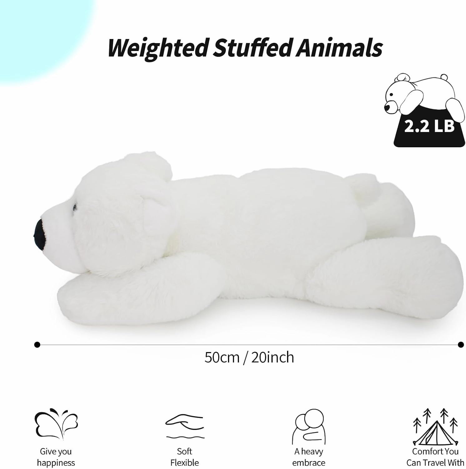 2 Lb Weighted Stuffed White Bear Animals - 16 Inches Bear Dog Dino Pig Plush Throw Pillow Toy - Embroidered Plushie Collectible - Kawaii Plushies Hugging Toy Gifts for Kids & Adults ( White Bear )