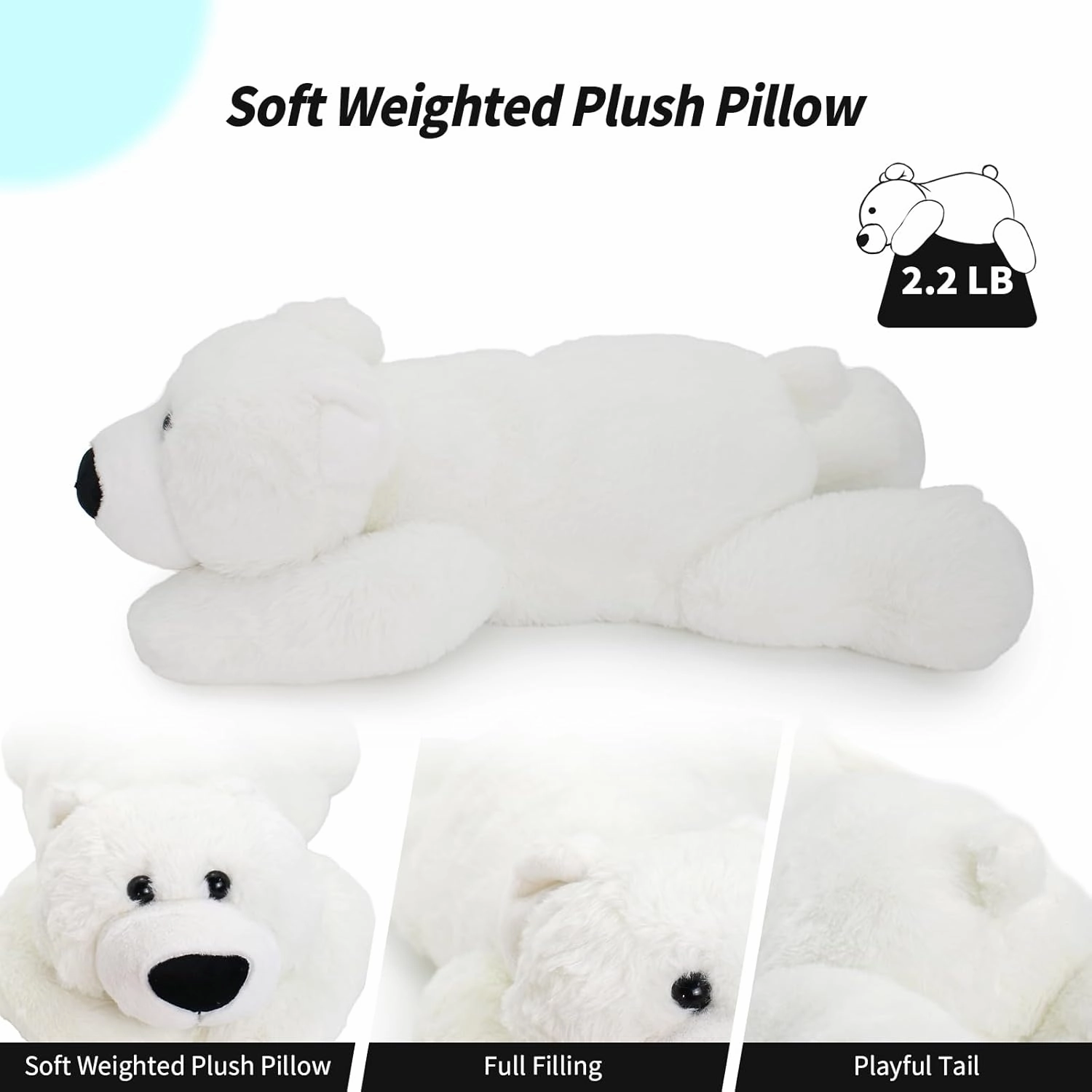 2 Lb Weighted Stuffed White Bear Animals - 16 Inches Bear Dog Dino Pig Plush Throw Pillow Toy - Embroidered Plushie Collectible - Kawaii Plushies Hugging Toy Gifts for Kids & Adults ( White Bear )