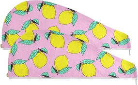 2 Pcs Hair Towels Wraps Fresh Bright Lemons on Pink Printed Hair Towel Wrap for Women Quick Dry Absorbent Towel Wrap for Wet Hair