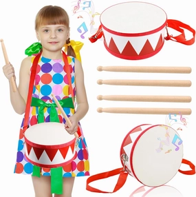 2 Pcs Kids Drum Set, 8 Inch Wooden Toy Drum with Adjustable Strap, 4 Drumsticks, Educational Musical Instrument Toys for Toddlers Boys Girls Beginners