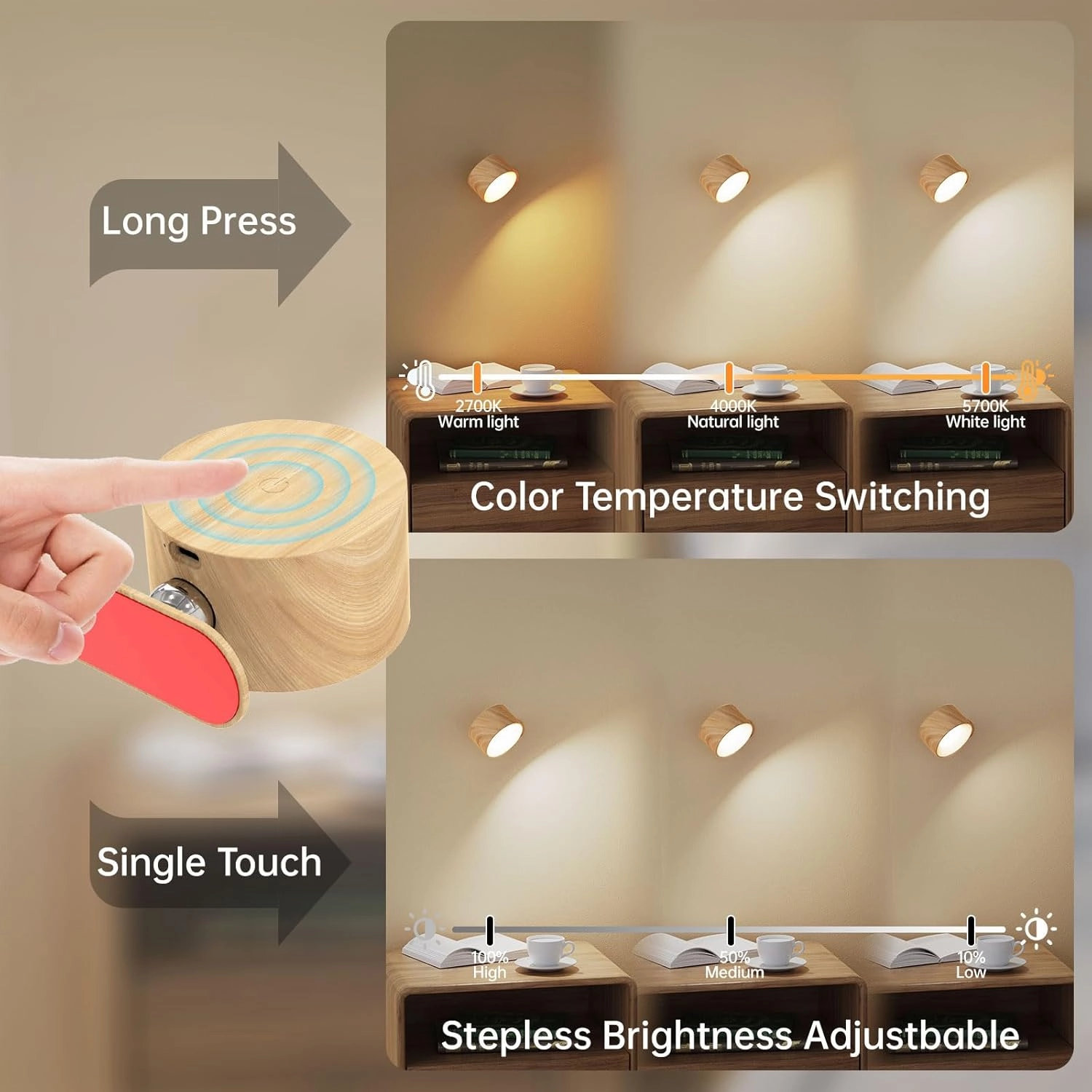 2Pack Battery Operated Wall Sconce, 3 Color Modes 3 Brightness Levels 360°Rotation Lighting Touch Control, Wall Mounted Lamp LED Wall Lights for Bedroom Reading Bedside, Wall Sconces Set of Two