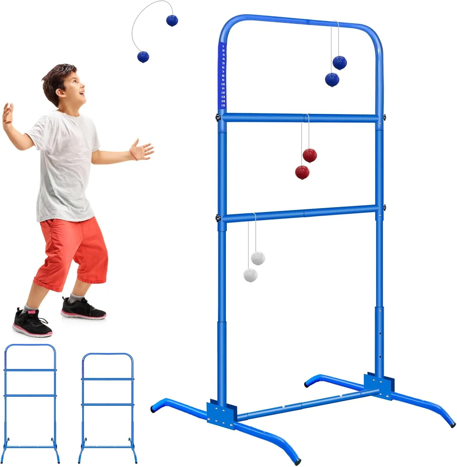2PCS Ladder Toss Ball Game Set with Score Tracker, Adjustable Height (42.5''-53.5'') Portable Foldable Metal Frame & Stable Tripod Base with Carry Bag for Outdoor Backyard, Camping, Yard, Beach, Lawn