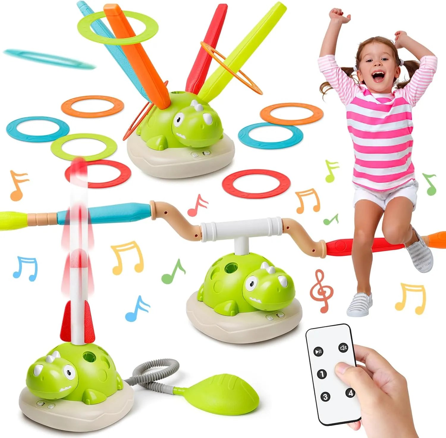 3-in-1 Dinosaur Musical Jumping,Ring Toss & Rocket Launcher Toy for Kids with Remote Control,Indoor & Outdoor Sports Game for Kids Ages 3-8, Ideal Playset for Boys & Girls