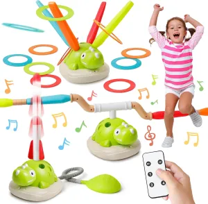 3-in-1 Dinosaur Musical Jumping,Ring Toss & Rocket Launcher Toy for Kids with Remote Control,Indoor & Outdoor Sports Game for Kids Ages 3-8, Ideal Playset for Boys & Girls