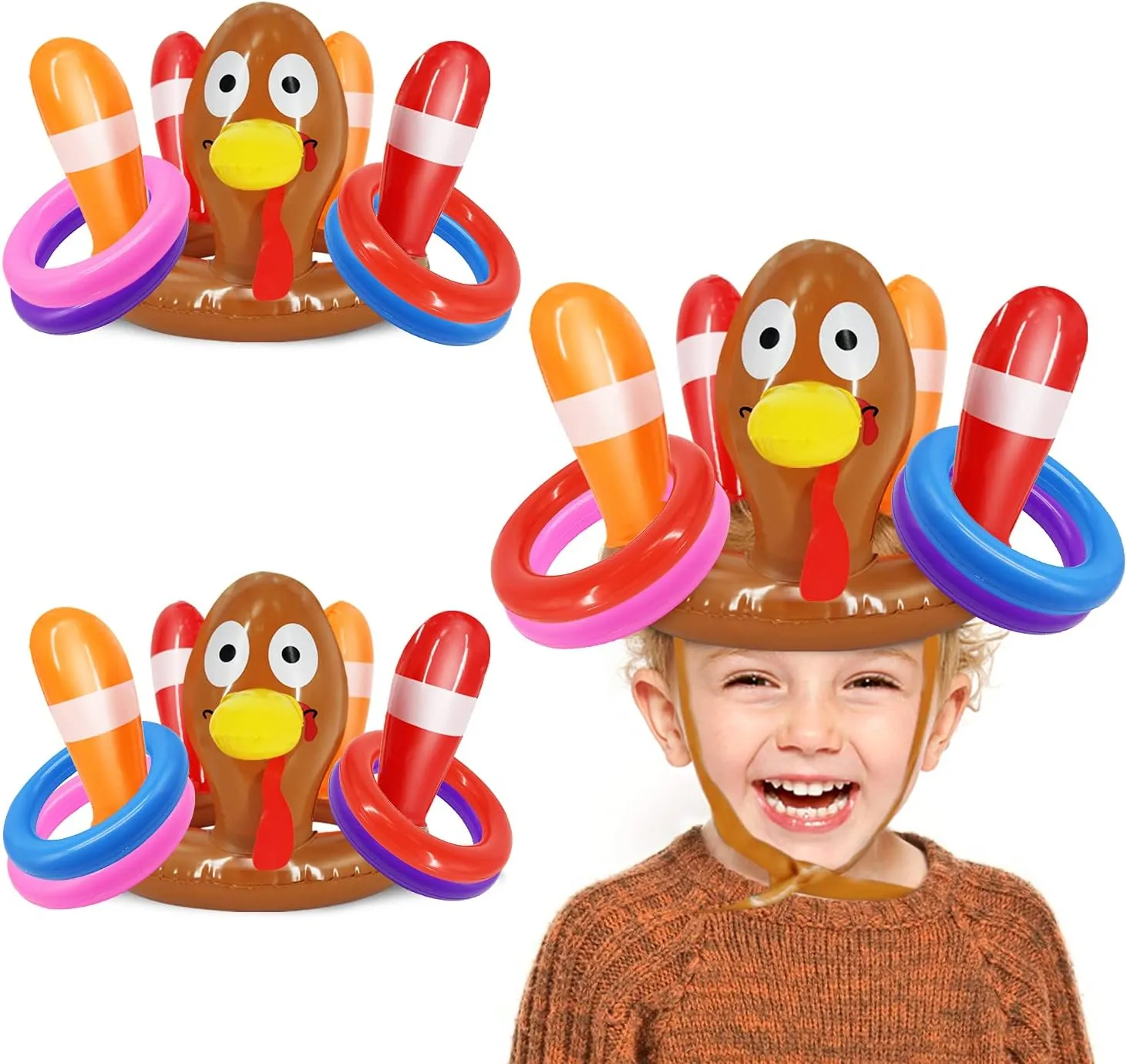 3 Pack Thanksgiving Ring Toss Games Toys for Kids Thanksgiving Inflatable Turkey Hat Toss Games Thanksgiving Family School Party Favors Supplies Indoor Outdoor Party Game(3 Turkey Hats, 12 Rings)