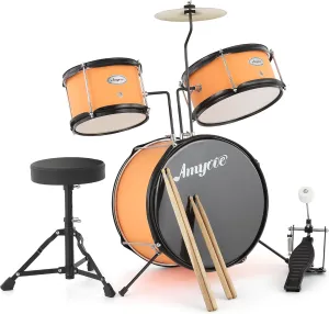 3 Piece Kids Drum Set with Cymbal, 2 Drumsticks, Pedal, 2 Tom,Beginner Junior Drum Kit with Throne Stool, Musical Instruments for Boys and Girls, Yellow