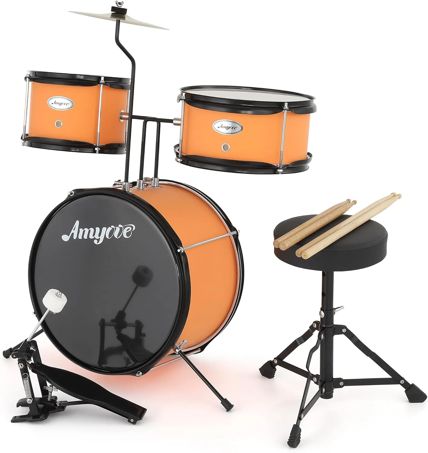 3 Piece Kids Drum Set with Cymbal, 2 Drumsticks, Pedal, 2 Tom,Beginner Junior Drum Kit with Throne Stool, Musical Instruments for Boys and Girls, Yellow