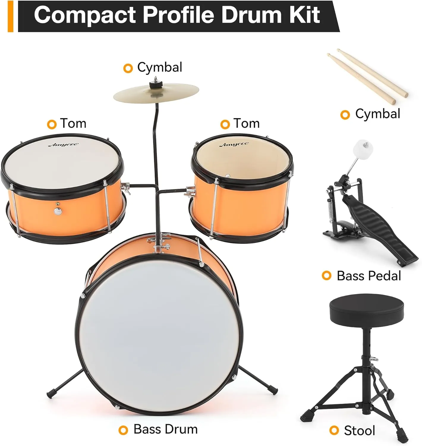 3 Piece Kids Drum Set with Cymbal, 2 Drumsticks, Pedal, 2 Tom,Beginner Junior Drum Kit with Throne Stool, Musical Instruments for Boys and Girls, Yellow