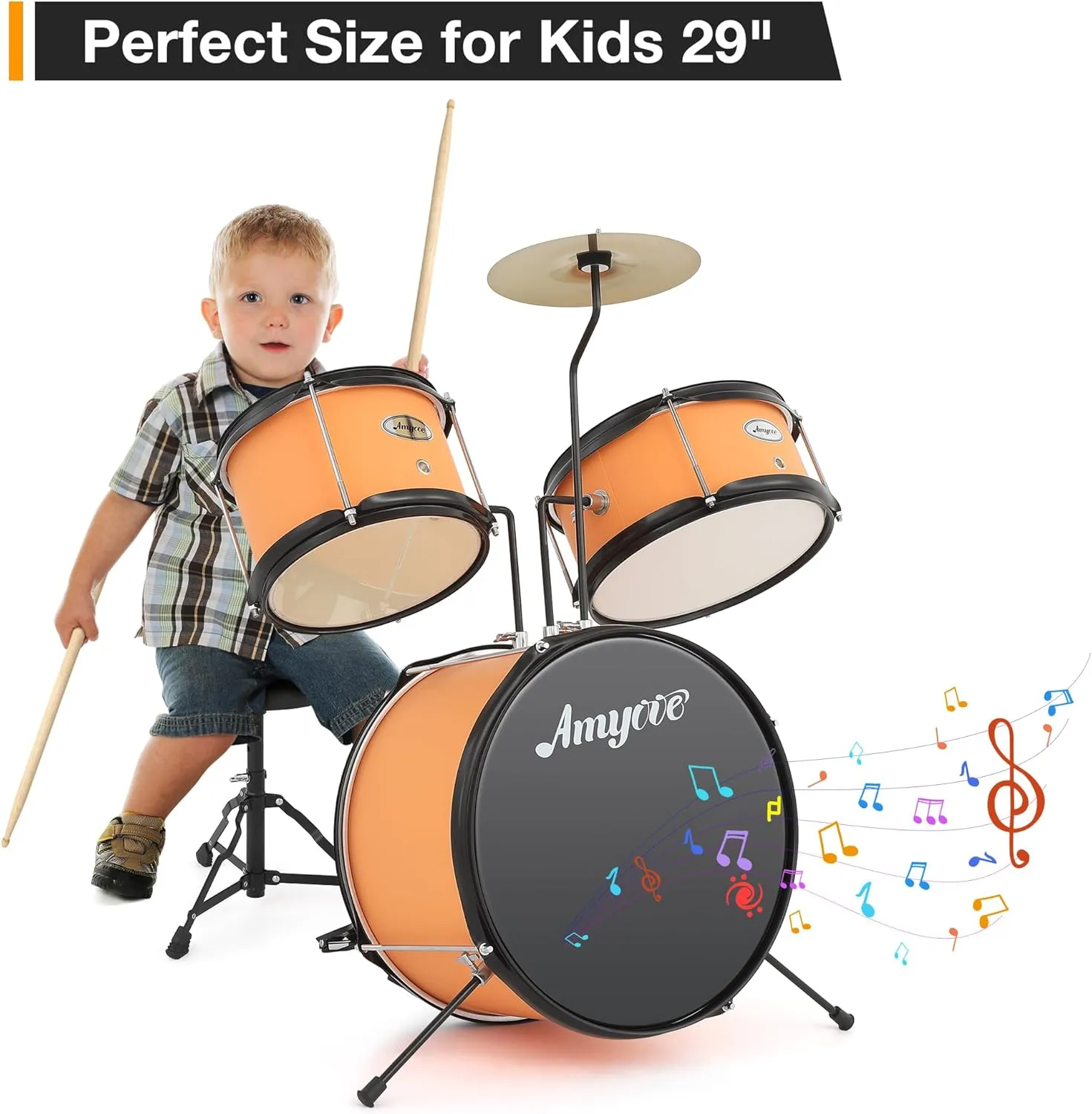 3 Piece Kids Drum Set with Cymbal, 2 Drumsticks, Pedal, 2 Tom,Beginner Junior Drum Kit with Throne Stool, Musical Instruments for Boys and Girls, Yellow