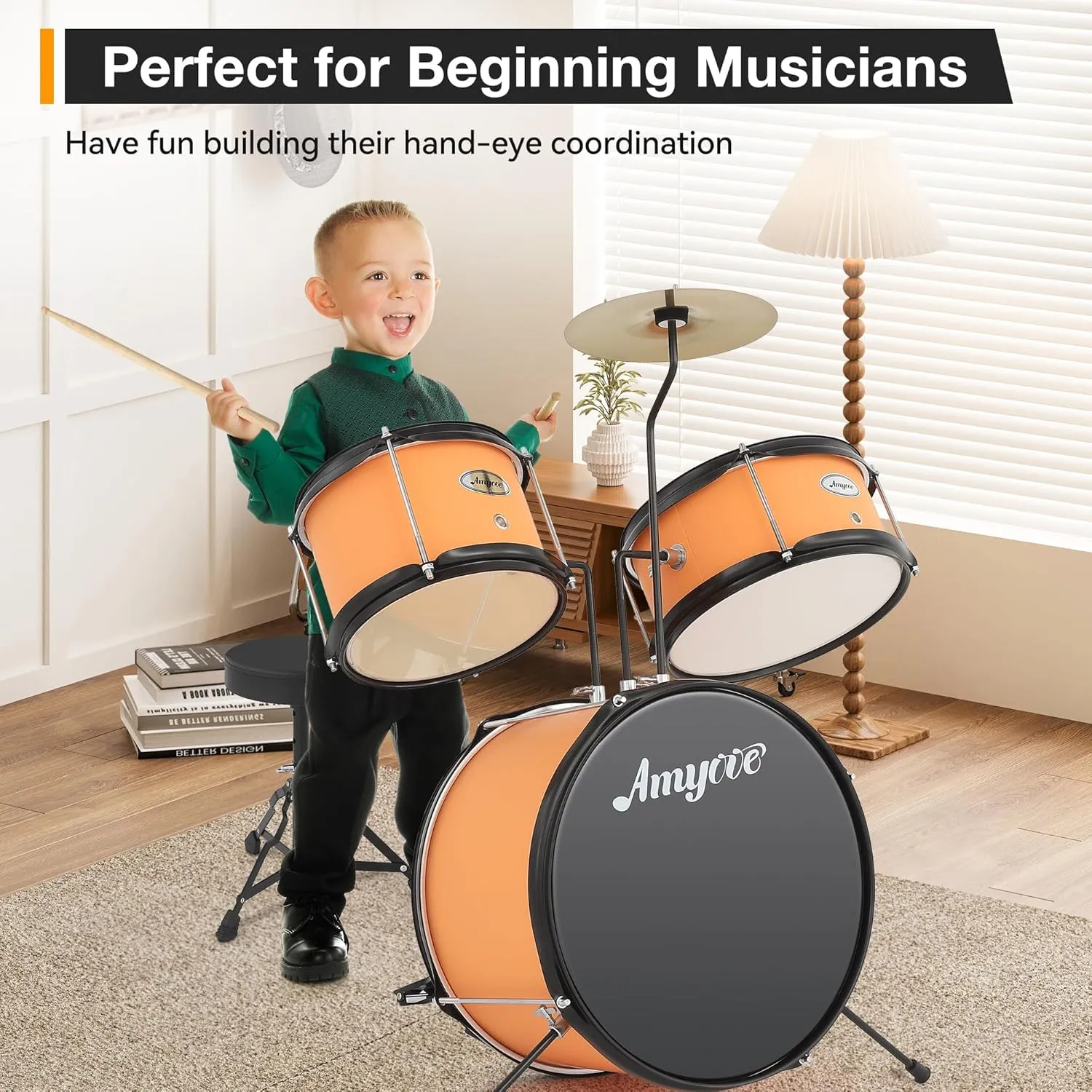 3 Piece Kids Drum Set with Cymbal, 2 Drumsticks, Pedal, 2 Tom,Beginner Junior Drum Kit with Throne Stool, Musical Instruments for Boys and Girls, Yellow