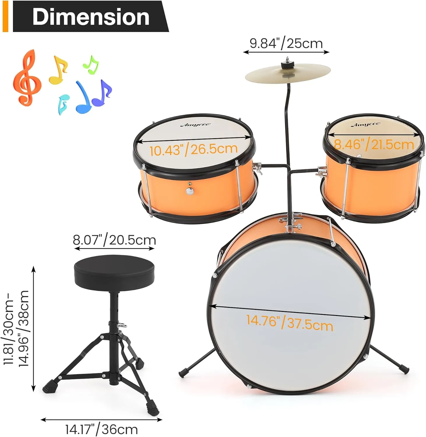 3 Piece Kids Drum Set with Cymbal, 2 Drumsticks, Pedal, 2 Tom,Beginner Junior Drum Kit with Throne Stool, Musical Instruments for Boys and Girls, Yellow