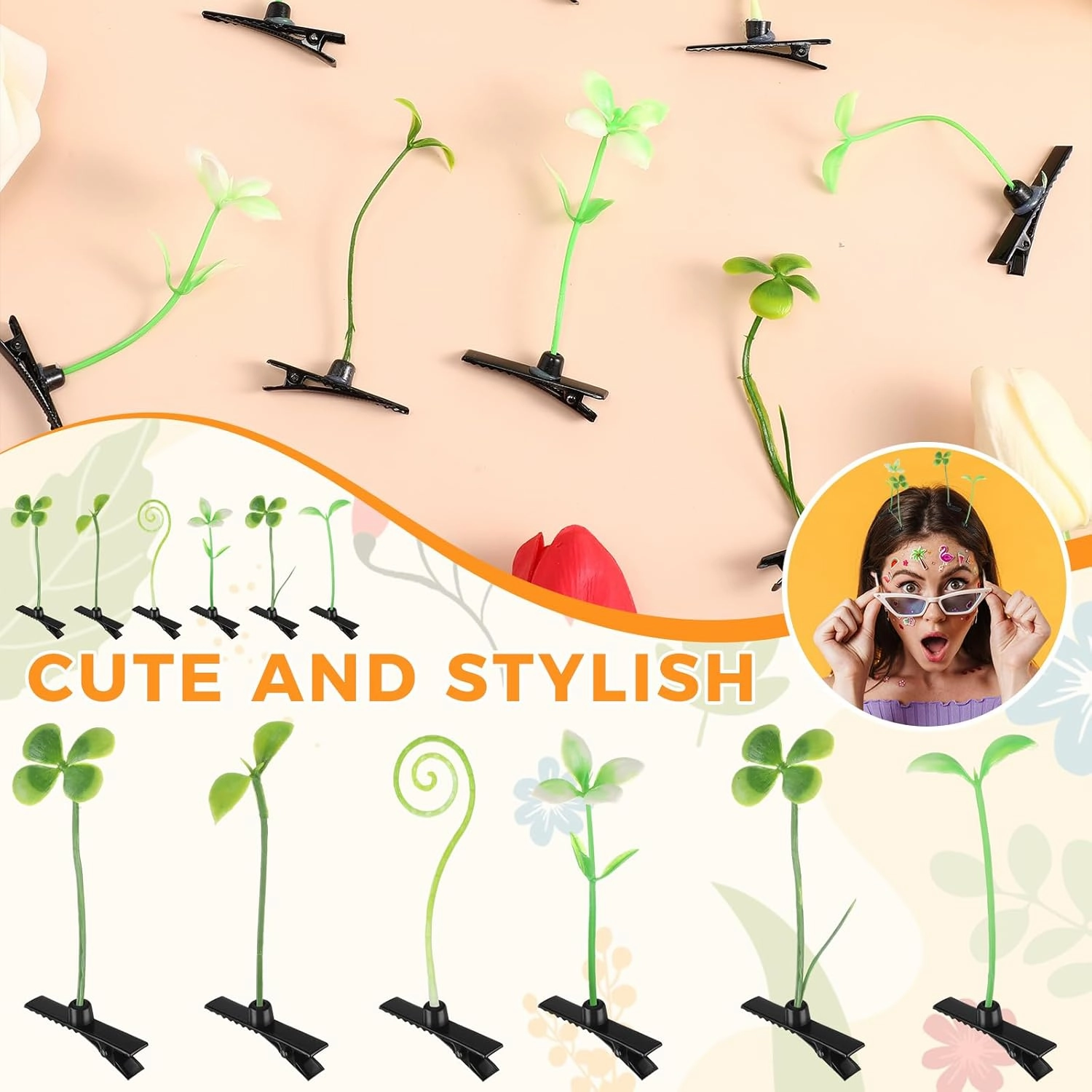 30 Pcs Bean Sprout Hair Clips Mixed Style Plant Hairpins Flower Plant Hair Clip Little Grass Barrette Butterfly Headwear Hair Accessories for Women Girl School Home Party Christmas (Greenery)