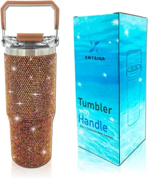30oz Bling Rhinestone Studded Tumbler with Top Handle and Leakproof Lid Vacuum Insulated Stainless Steel Glitter Crystal Water Bottle with Flip Straw Reusable Cup Outdoors Travel Mugs (Coffee)