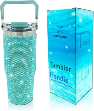 30oz Bling Rhinestone Studded Tumbler with Top Handle and Leakproof Lid Vacuum Insulated Stainless Steel Glitter Crystal Water Bottle with Flip Straw Reusable Cup Outdoors Travel Mugs (Lake Blue)