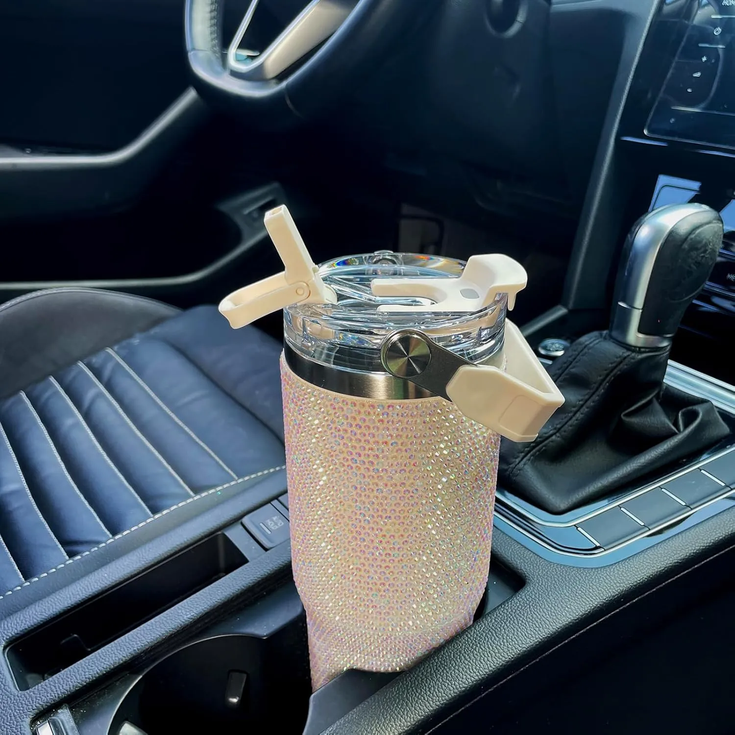 30oz Bling Rhinestone Studded Tumbler with Top Handle and Leakproof Lid Vacuum Insulated Stainless Steel Glitter Crystal Water Bottle with Flip Straw Reusable Cup Outdoors Travel Mugs (Milky)