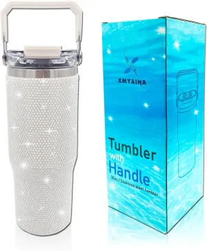 30oz Bling Rhinestone Studded Tumbler with Top Handle and Leakproof Lid Vacuum Insulated Stainless Steel Glitter Crystal Water Bottle with Flip Straw Reusable Cup Outdoors Travel Mugs (Milky)