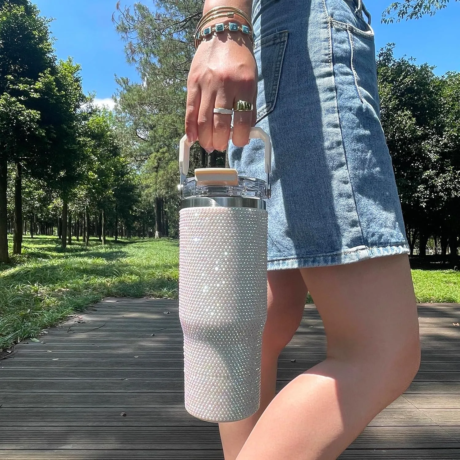 30oz Bling Rhinestone Studded Tumbler with Top Handle and Leakproof Lid Vacuum Insulated Stainless Steel Glitter Crystal Water Bottle with Flip Straw Reusable Cup Outdoors Travel Mugs (Milky)