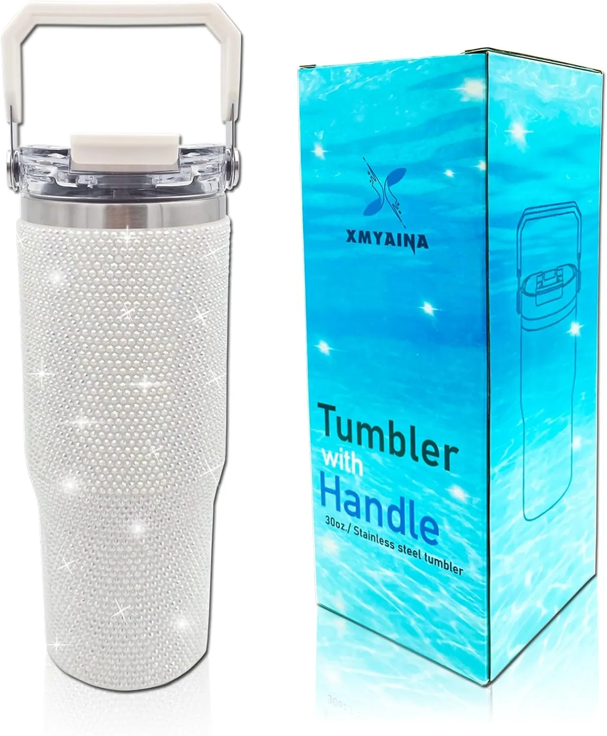 30oz Bling Rhinestone Studded Tumbler with Top Handle and Leakproof Lid Vacuum Insulated Stainless Steel Glitter Crystal Water Bottle with Flip Straw Reusable Cup Outdoors Travel Mugs (Milky)