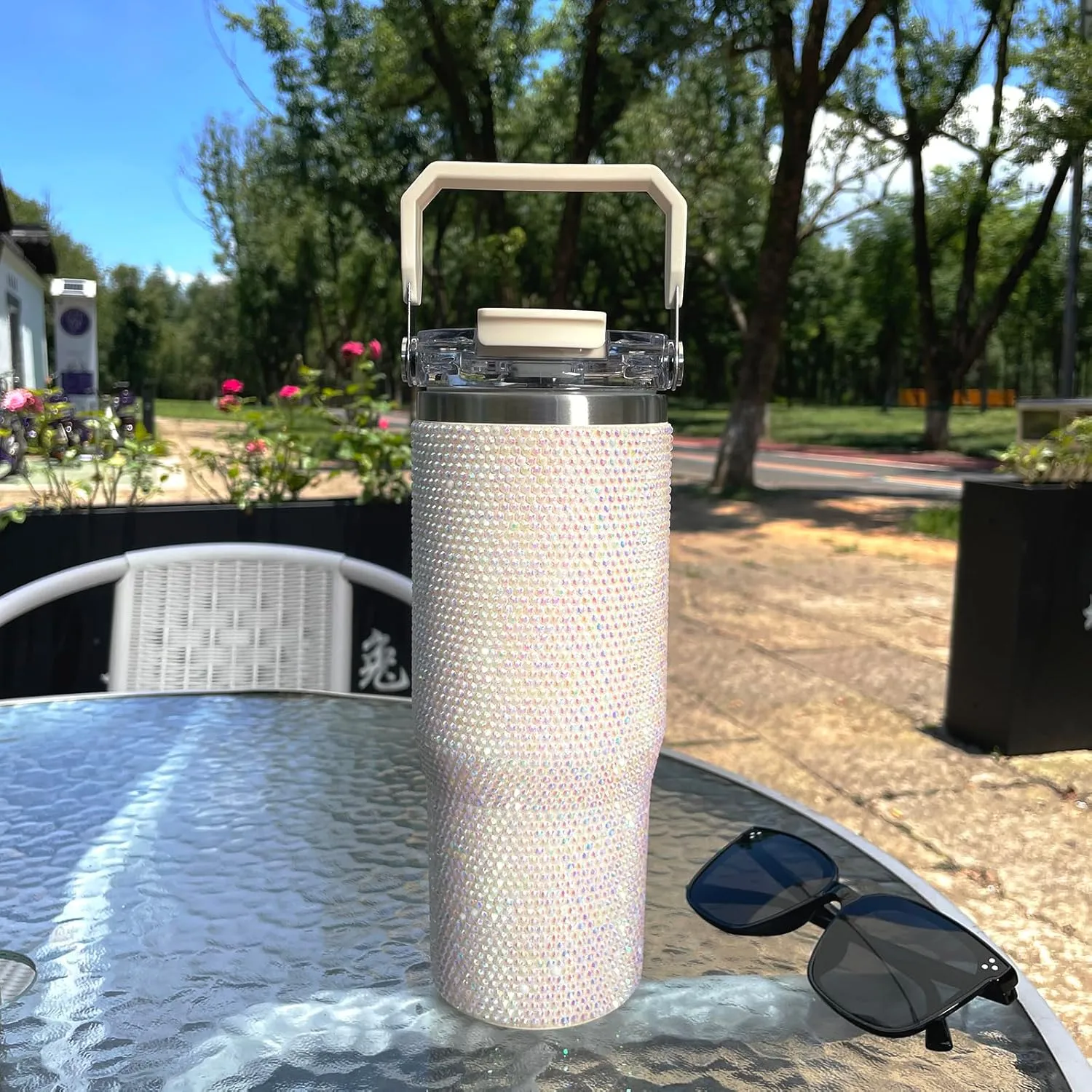 30oz Bling Rhinestone Studded Tumbler with Top Handle and Leakproof Lid Vacuum Insulated Stainless Steel Glitter Crystal Water Bottle with Flip Straw Reusable Cup Outdoors Travel Mugs (Milky)